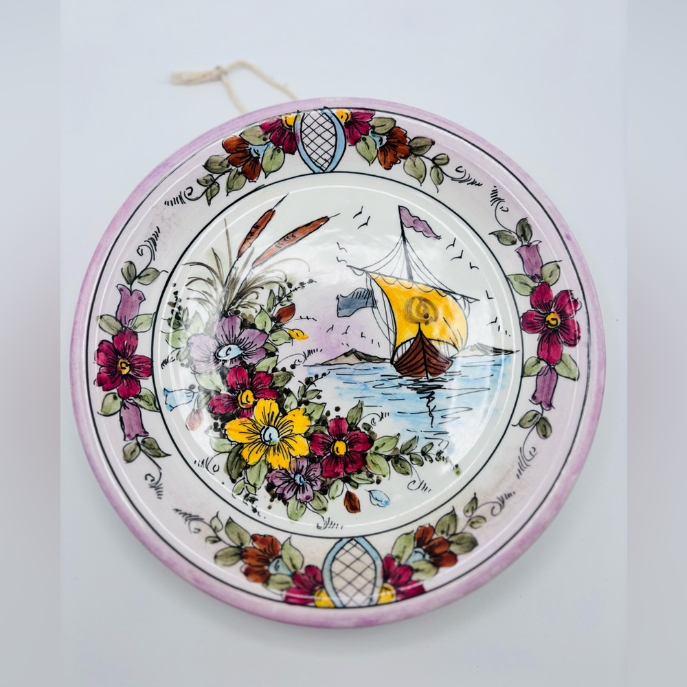 Vintage Hand Painted Floral Sailboat Wall Plate Thailand